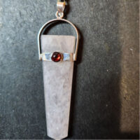 SS SLAB CUT ROSE QUARTZ PENDANT WITH GARNET ACCENT